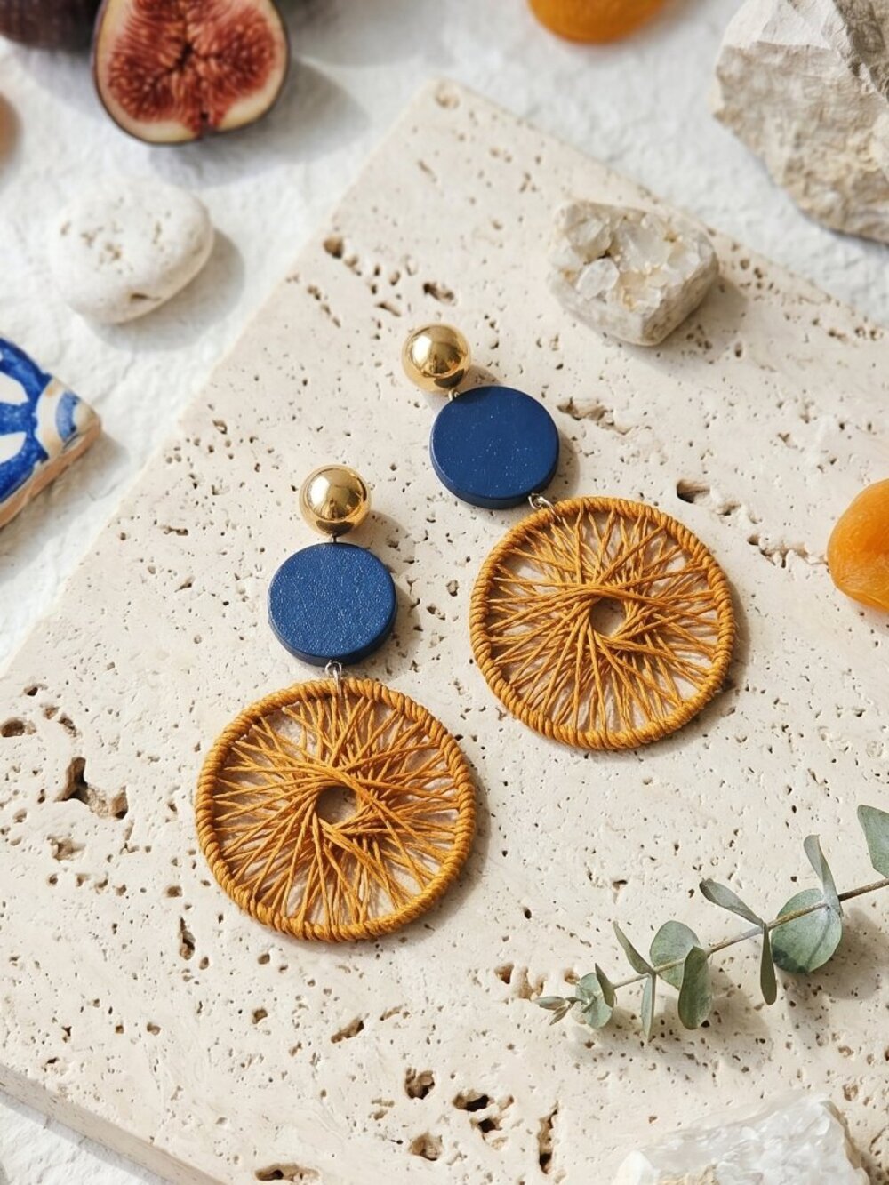 Handwoven Rust Amber Thread Disc Dangle Earrings Navy Wood Boho Chic 2.6"